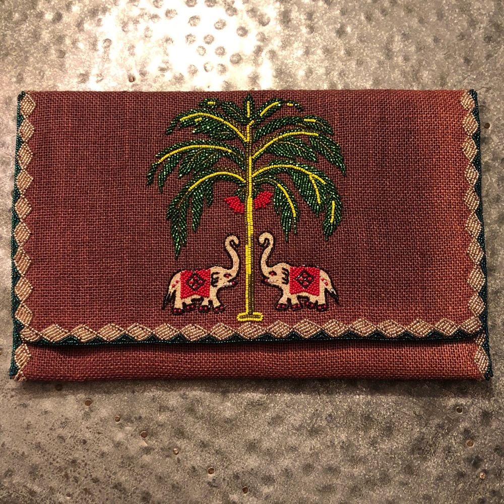 Roberta Roller Rabbit clutch purse handbag embellished burlap 🌴 tree & elephants